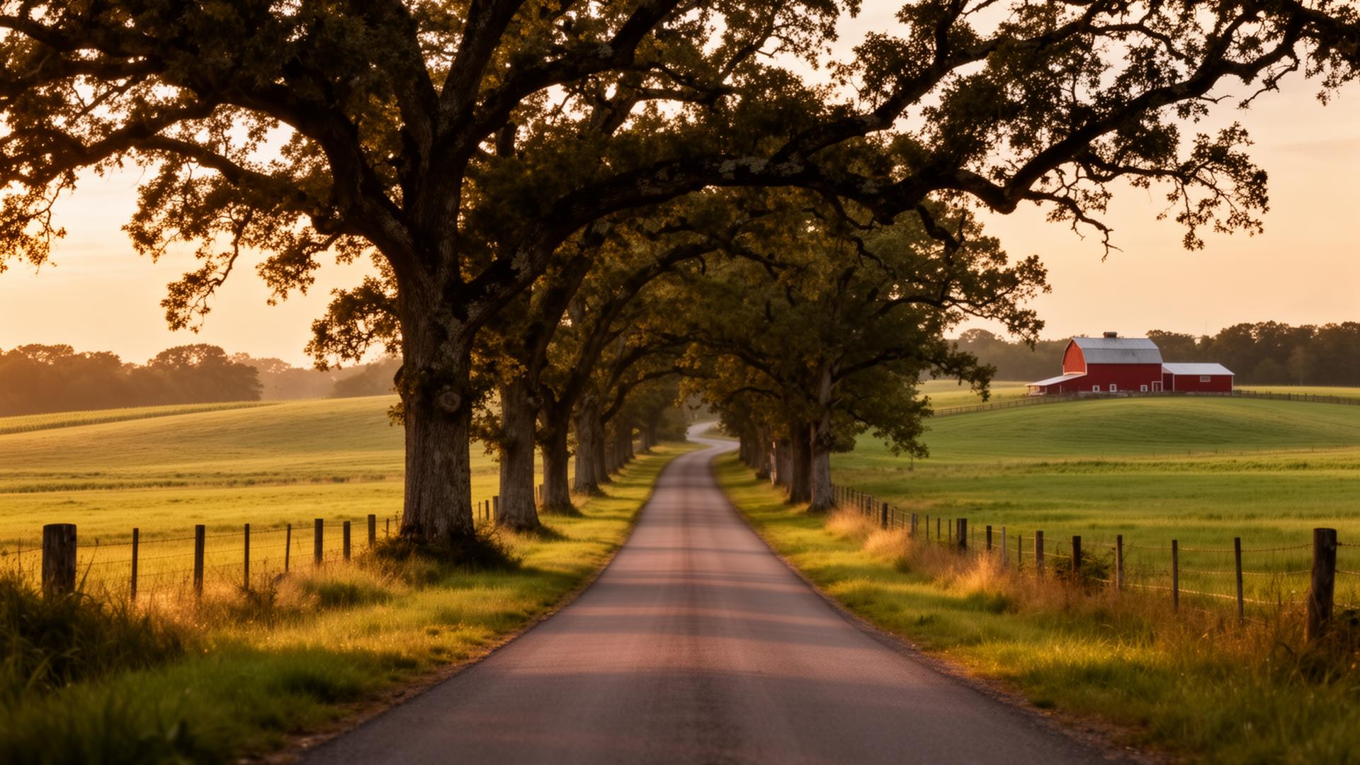 Tree-lined country road through Southern Maryland farmland at golden hour