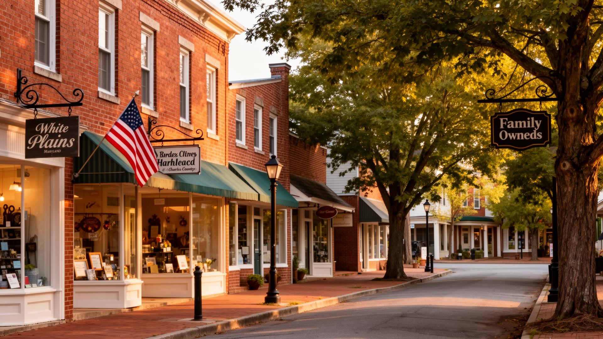 Brick storefronts and family-owned businesses on a Southern Maryland main street