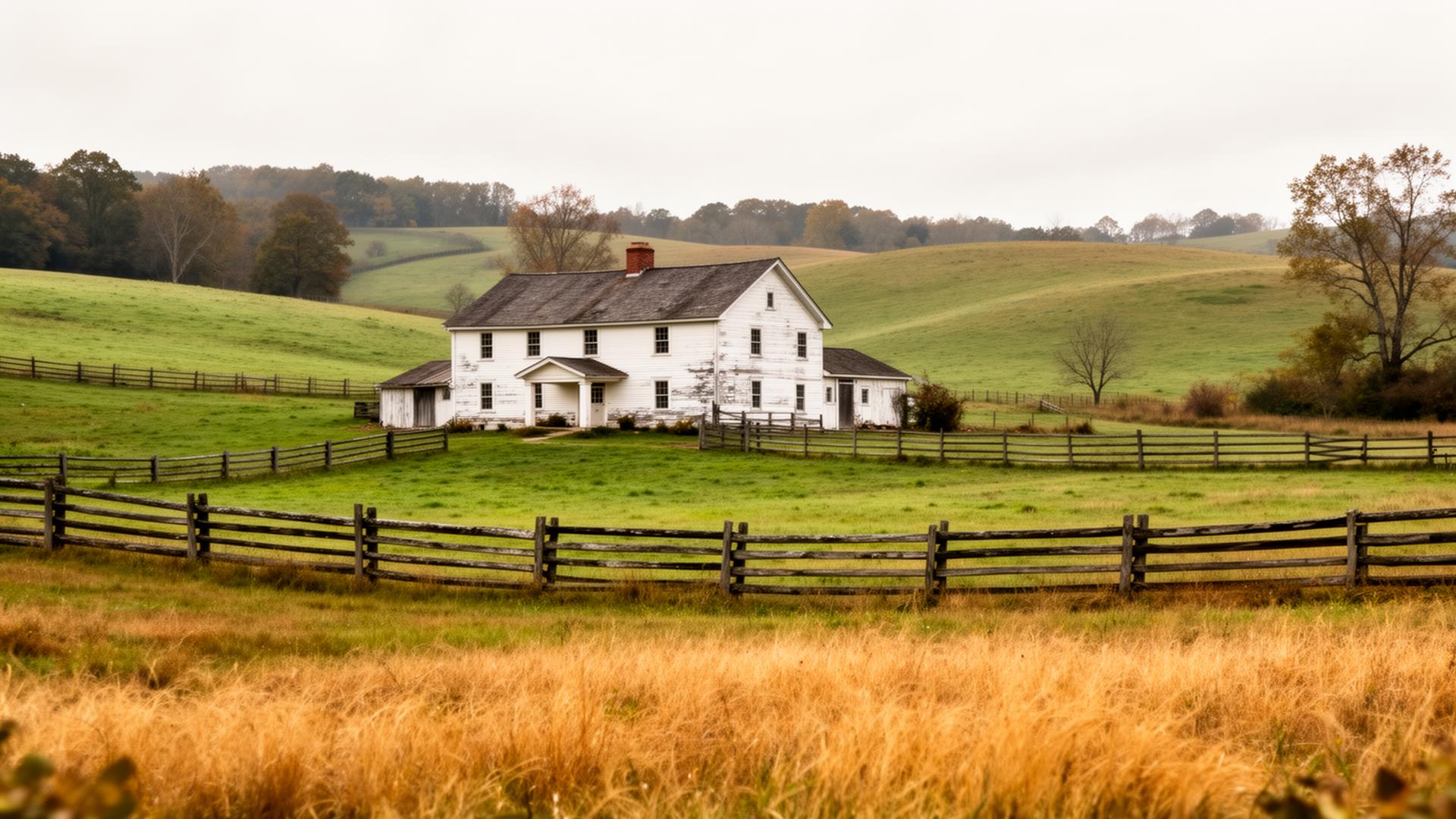 Maryland farmhouse with split-rail fence and rolling pastures